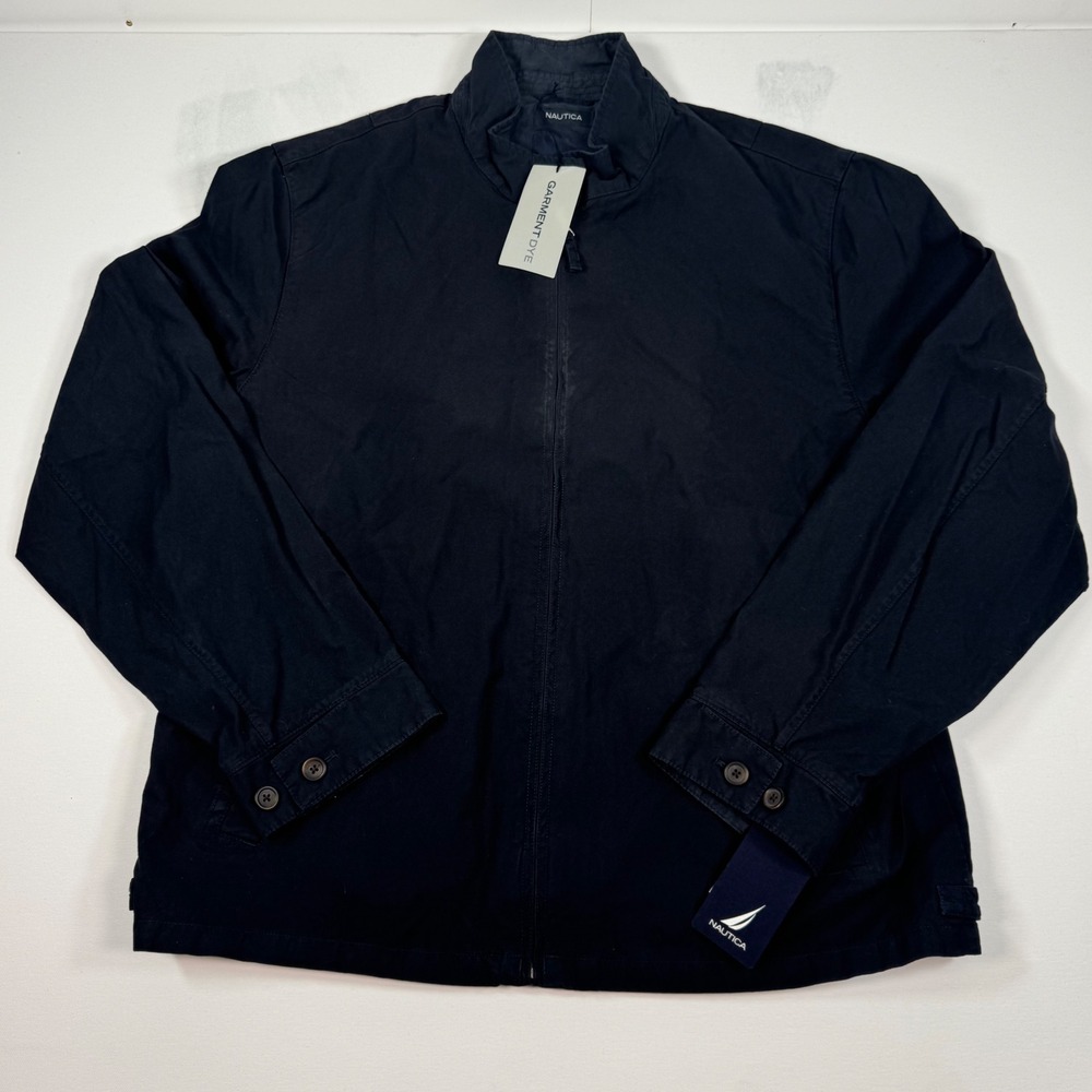 Nautica Mens XXL Garment Dye Harrington Jacket Navy Blue Cotton Linen Full Zip